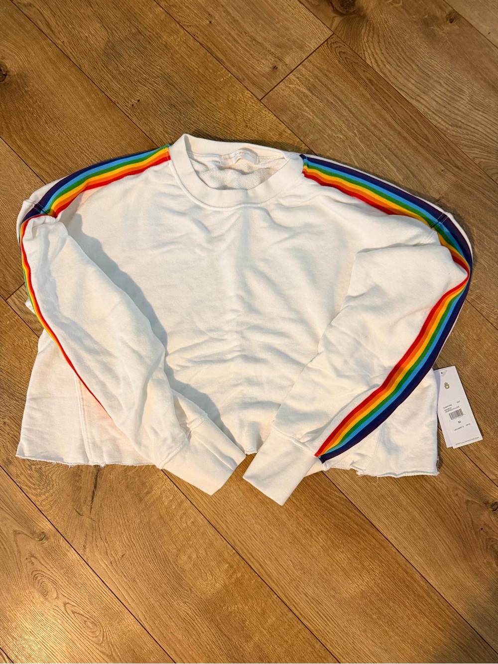 NWT Spiritual Gangster White Cropped Sweatshirt with Rainbow Sleeve Stripes